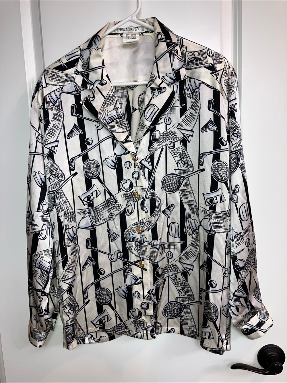 New Escada 42  Silk Charmeuse Tennis vintagePrint Blouse